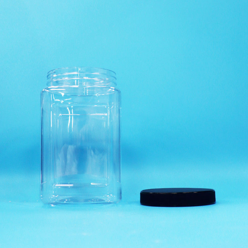 Embalagens transparentes frascos de forma quadrada plástico PET preto tampa para alimentos doces biscoitos macarrão