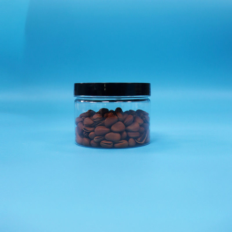 Jarrão de plástico PET transparente de forma redonda de boca para sementes de chá preto brinquedo presente doces Cooike
