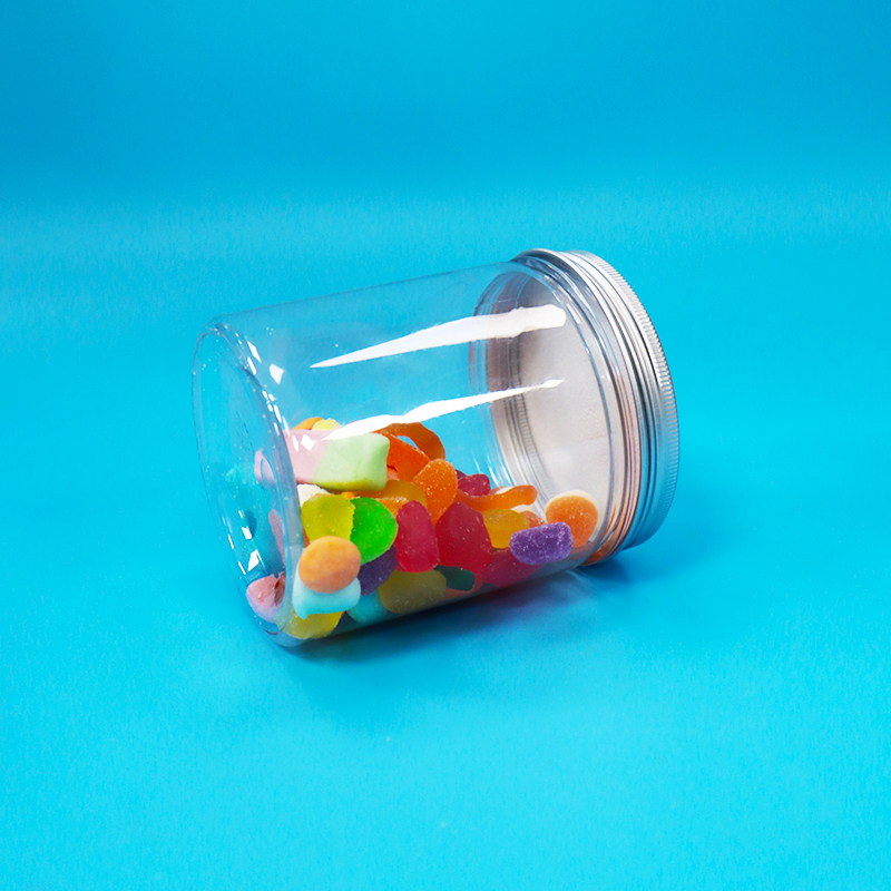 Frasco de embalagem de doces de plástico PET transparente de boca larga com tampa de alumínio