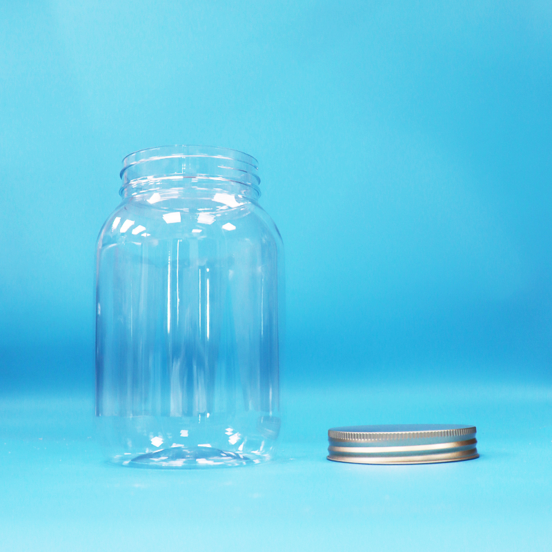 Grau Alimentar PET Plástico Claros Jar Redondo Alumínio parafuso Flat Cap Para Alimentos doces Nozes