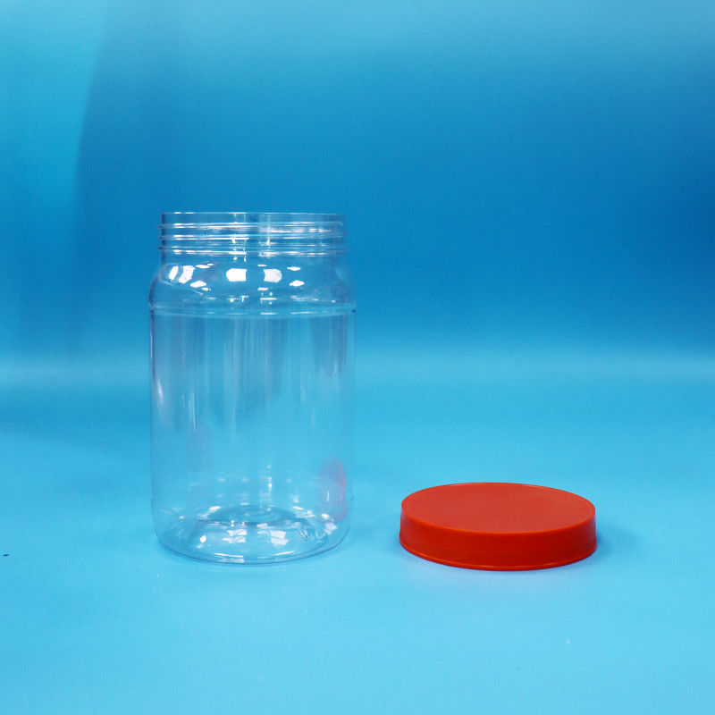 PET transparente plástico redondo alimentos doces biscoitos embalagem frasco de cor vermelha tampa de parafuso