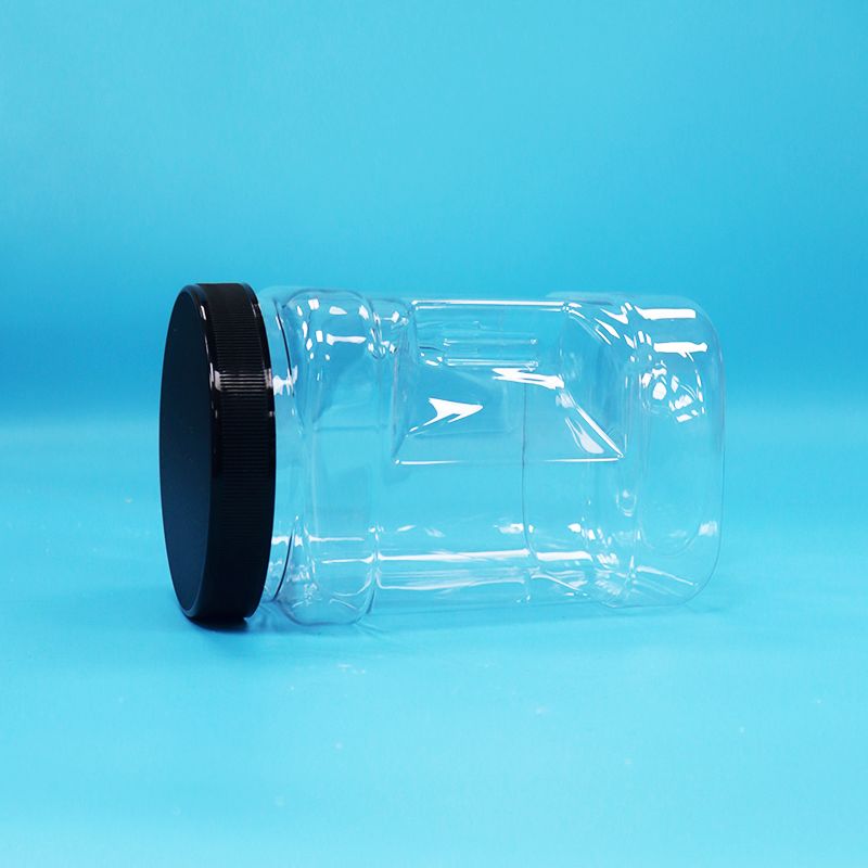 Frutas secas transparentes e nozes de forma quadrada PET garrafas de plástico de agarrar tampa plana preta