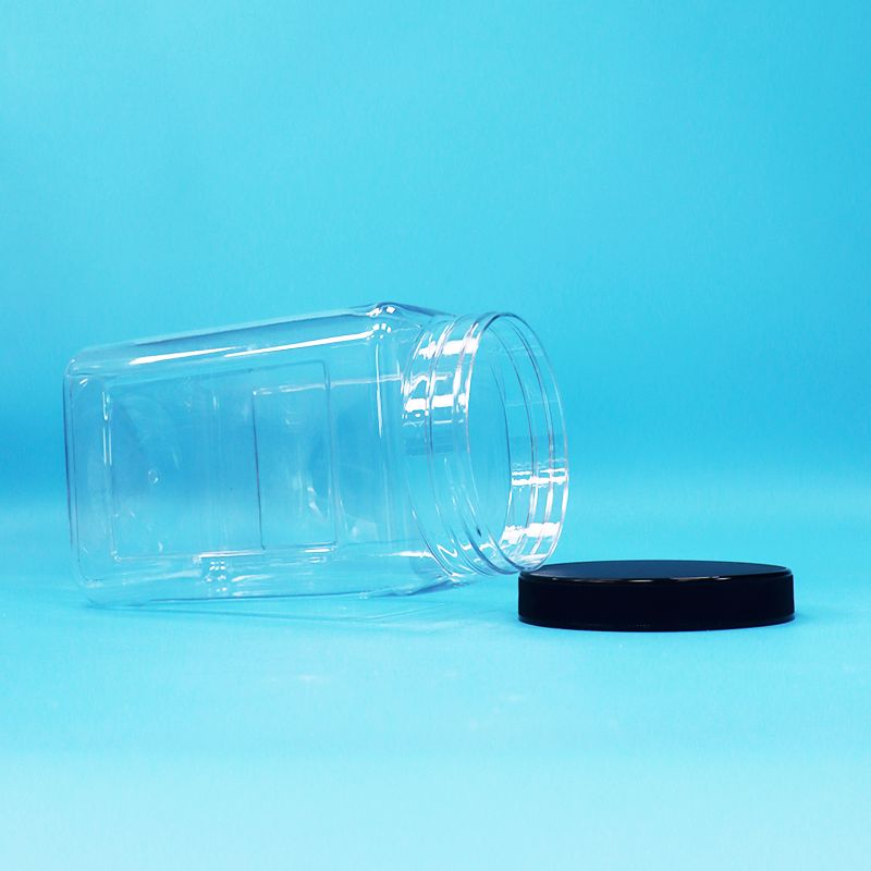 Frascos Transparentes Quadrados de Plástico PET com Tampa Preta para Alimentos, Doces, Biscoitos e Macarrão