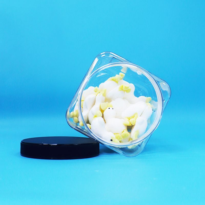 Formas quadradas Jarros de PET de plástico transparente Black Cap para alimentos para bebês doces biscoitos