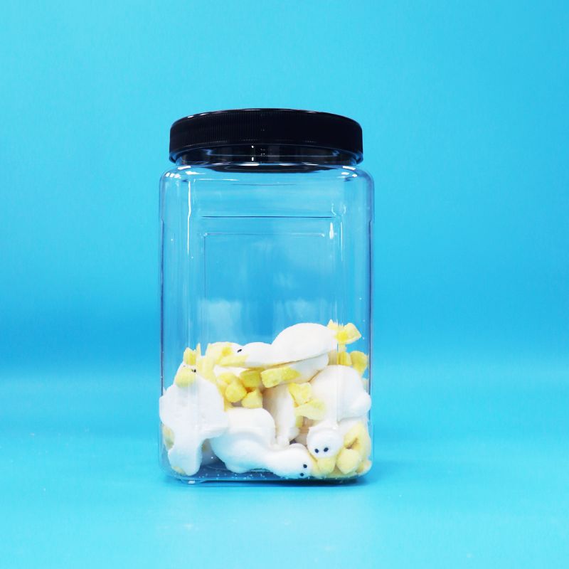 Formas quadradas Jarros de PET de plástico transparente Black Cap para alimentos para bebês doces biscoitos