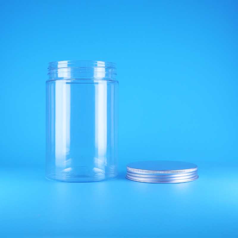 Frasco Redondo Alto de Plástico PET Transparente de Boca Larga com Tampa Reta de Rosca para Alimentos, Doces e Nozes