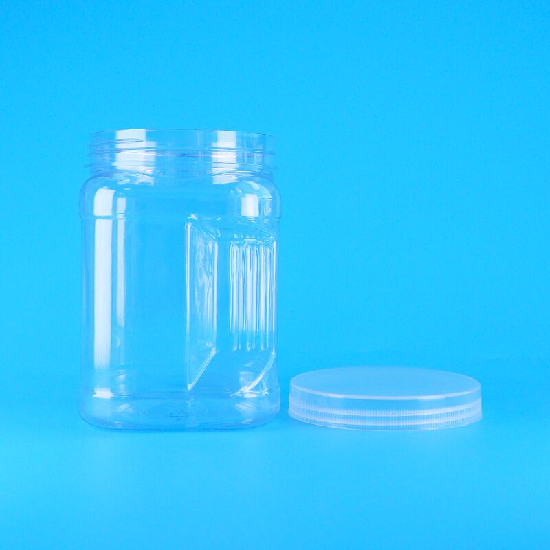 Tampas de rosca transparentes quadradas de PET para armazenamento, aderência, arroz preto, trigo, biscoitos e potes