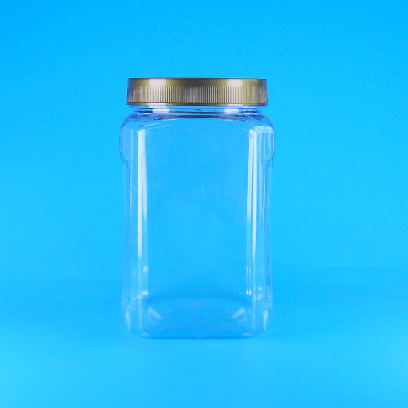 PET de forma quadrada, transparente, tampa marrom, plástico, biscoitos de qualidade alimentar, amêndoas, frutas secas, frasco