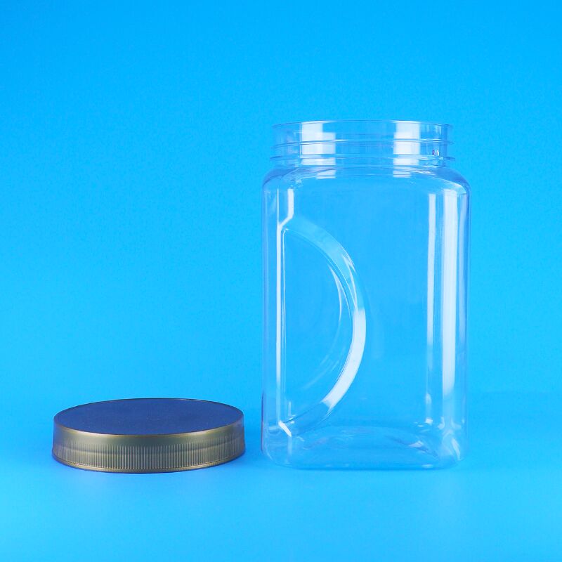 PET de forma quadrada, transparente, tampa marrom, plástico, biscoitos de qualidade alimentar, amêndoas, frutas secas, frasco