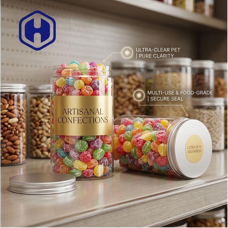 Garrafas com tampa de alumínio PET transparente de qualidade alimentar perfeitas para biscoitos de chocolate doces fácil confiável