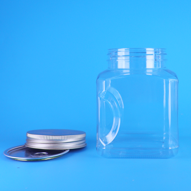 Frasco de biscoito plástico quadrado personalizado transparente de produto comestível para animais de estimação com tampa de parafuso de alumínio atacado