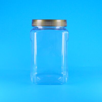 PET de forma quadrada, transparente, tampa marrom, plástico, biscoitos de qualidade alimentar, amêndoas, frutas secas, frasco