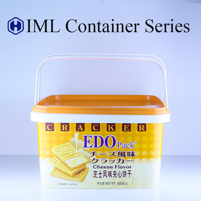Tecnologia IML Container de plástico de alimentos personalizado Vantagens do controle de qualidade para biscoitos embalagens de doces